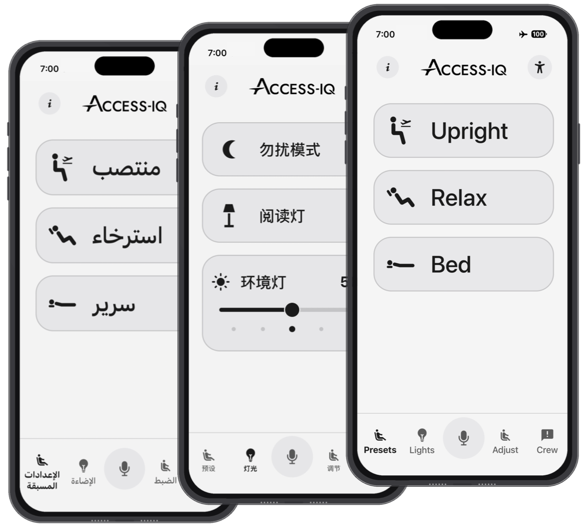 Languages Aircraft seat control interface displayed in Chinese, with buttons for reading light, ambient light, and settings, illustrating how language can make cabin controls difficult to understand.