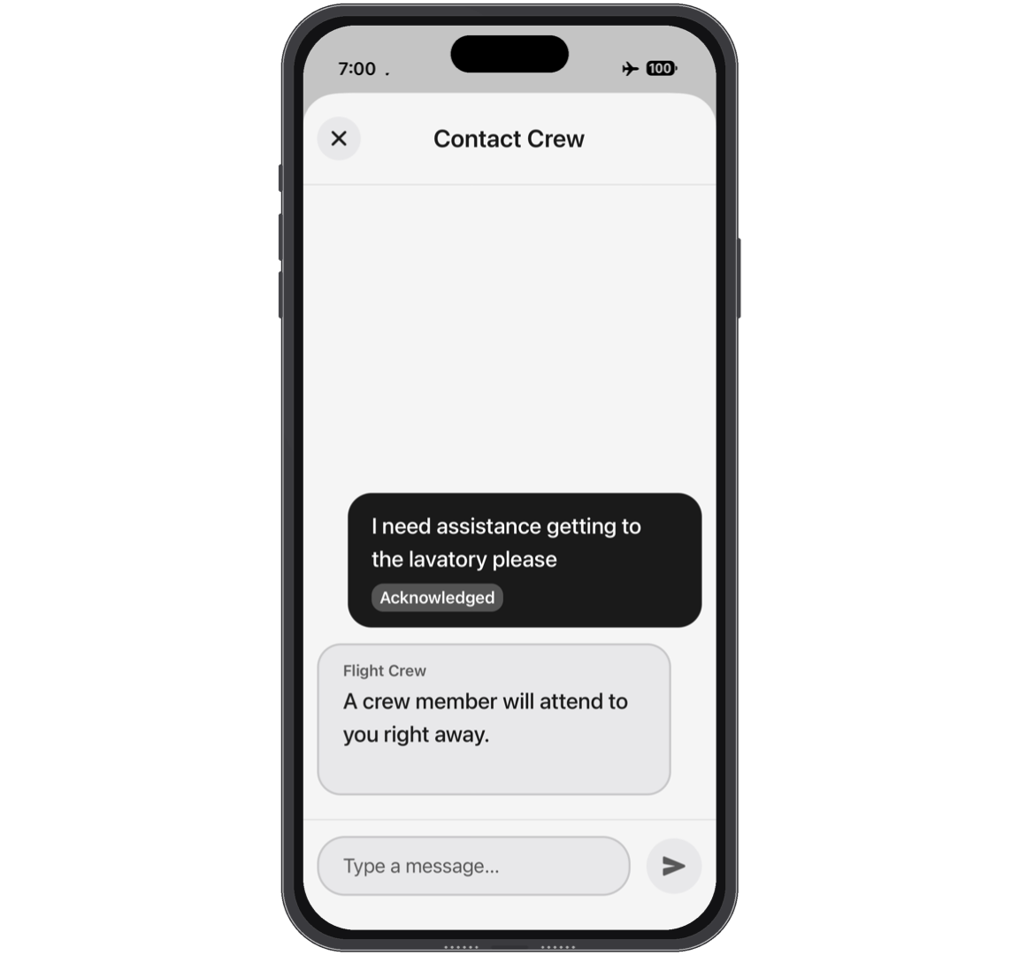 Contact Crew Mobile interface showing a passenger sending a message requesting assistance to reach the lavatory, with a confirmation reply from the flight crew indicating the request has been received.